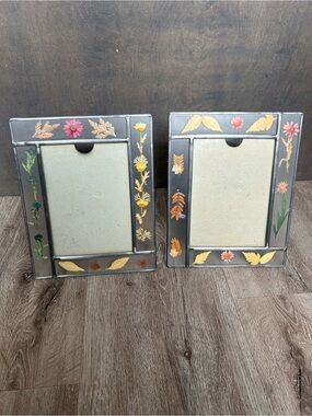 Decorative Floral Glass Picture Frame Set - with Multicolor Press Flower Accents